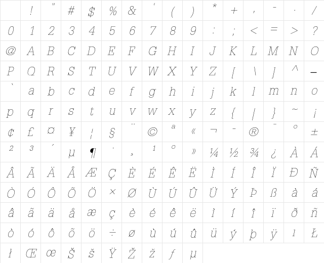 Glypha 35 Thin Oblique Character Map Glypha 35 Thin Oblique Character Map