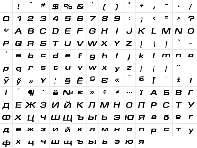 EuropeExt Bold Italic Character Map