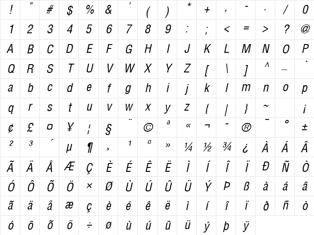 Helvetica Condensed Italic Character Map