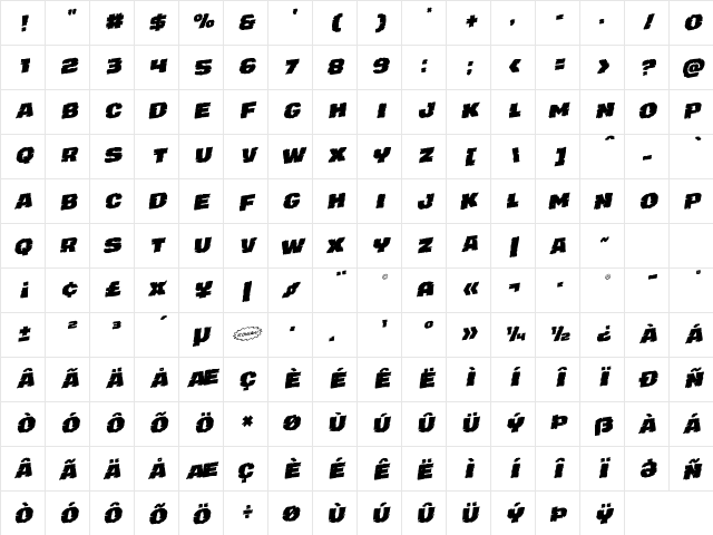 Jugger Rock Staggered Rotalic Italic Character Map