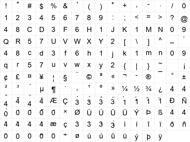 Arial Regular Character Map