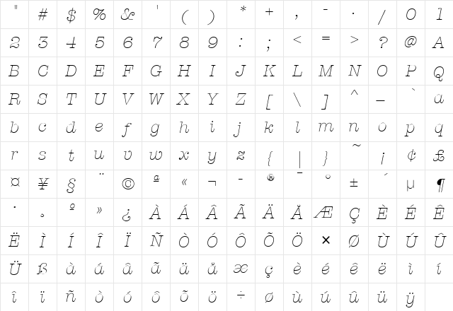 AmTypewriterITC Light Italic Character Map