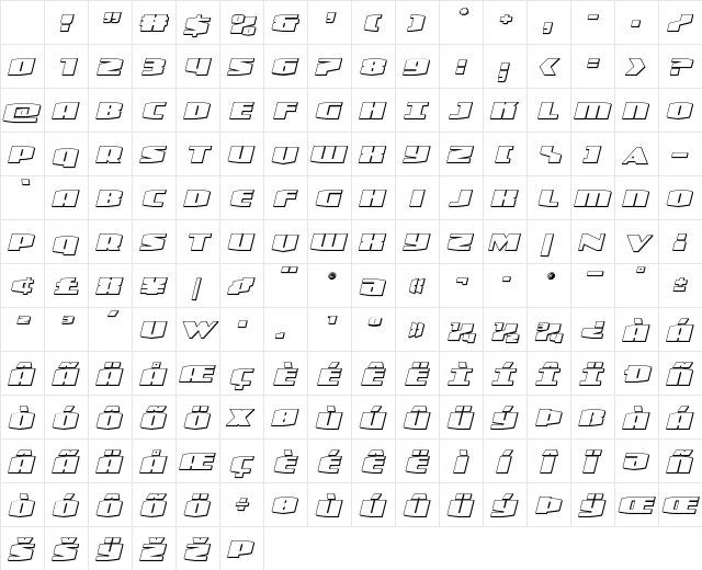 Alpha Century 3D Italic Regular Character Map Alpha Century 3D Italic Regular Character Map
