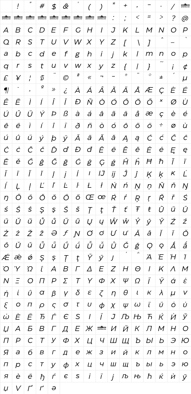 Eastman Trial Italic Character Map Eastman Trial Italic Character Map