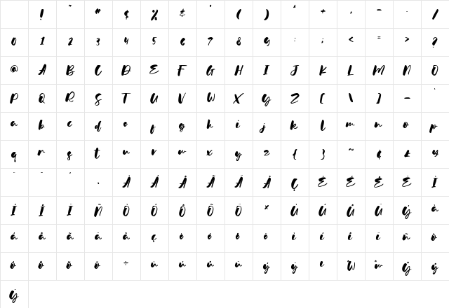 Glamour Bright Regular Character Map Glamour Bright Regular Character Map