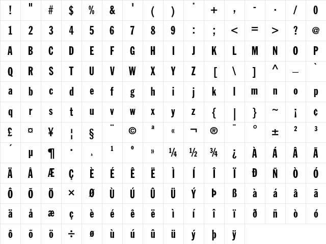 Franklin Gothic Extra Condensed Character Map