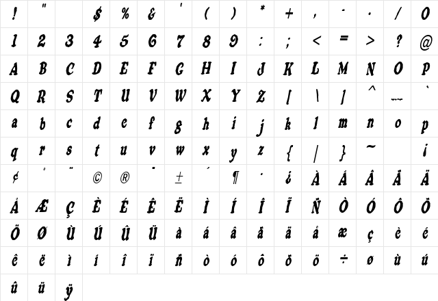 OatmealCondensed Italic Character Map OatmealCondensed Italic Character Map