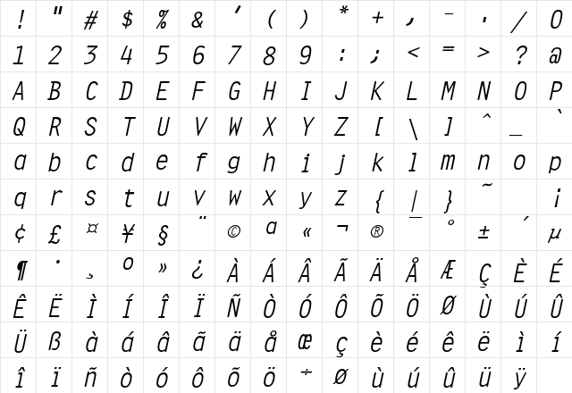 Orator Oblique Character Map
