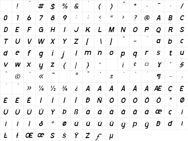 Shackle Ita Italic Character Map