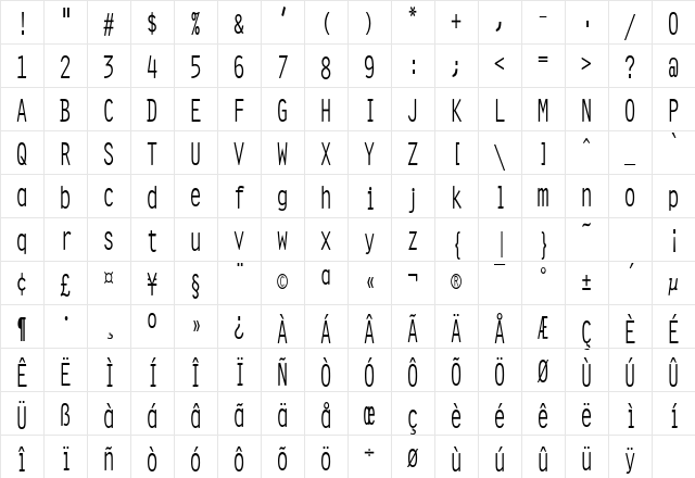 OratorCondensed Regular Character Map OratorCondensed Regular Character Map