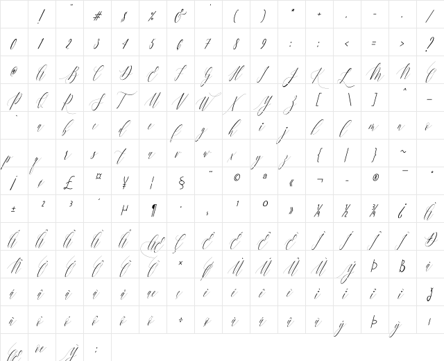 Charlotte Calligraphy Slant Regular Character Map
