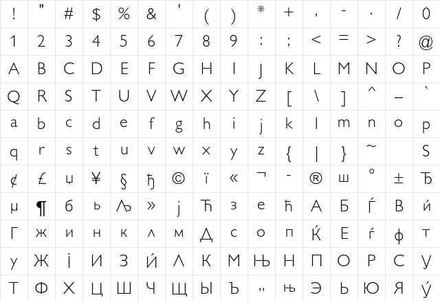 GillSans SA-Light Regular Character Map