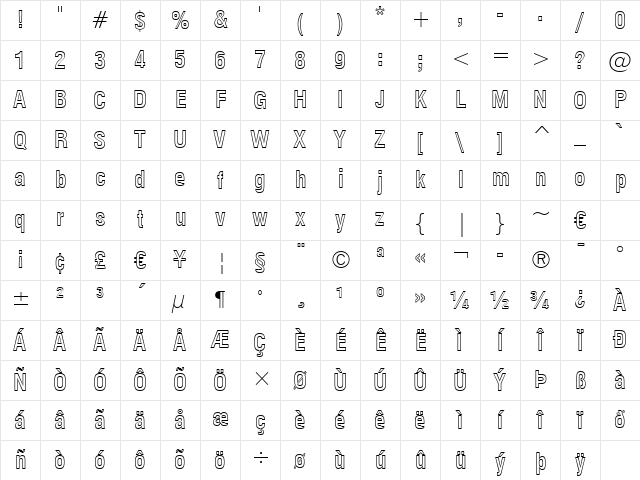 Swis721 BdCnOul BT Bold Outline Character Map Swis721 BdCnOul BT Bold Outline Character Map