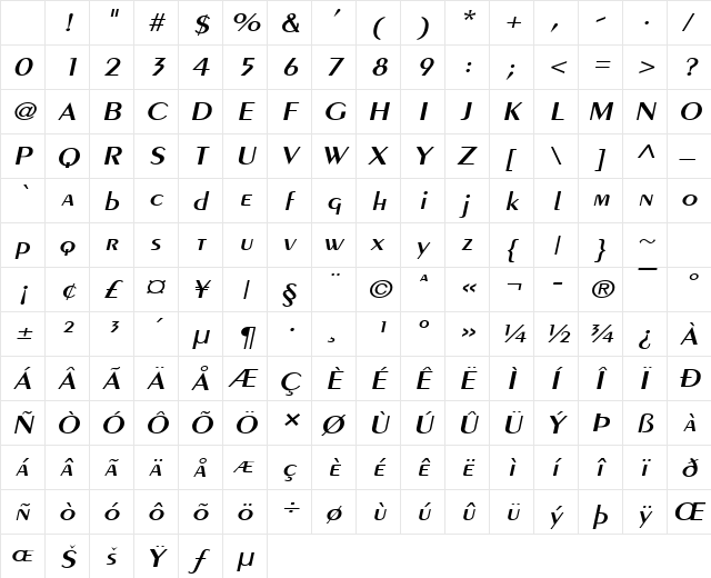 PareWide Italic Character Map PareWide Italic Character Map