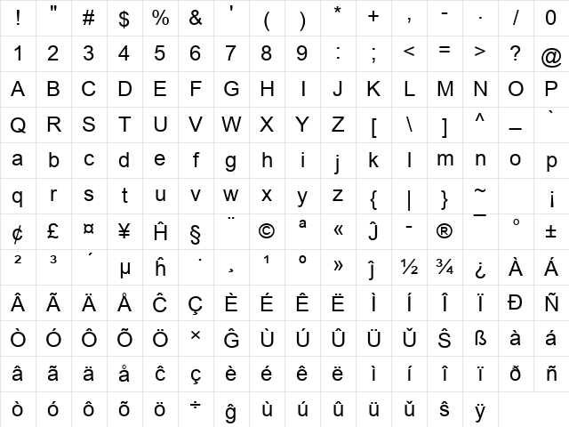 Arial Eo Regular Character Map