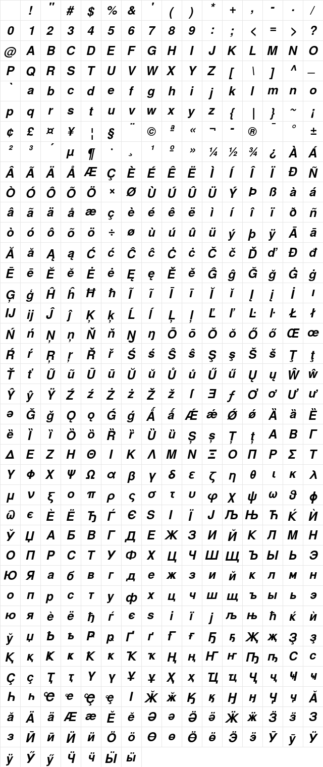 TeX Gyre Heros Bold Italic Character Map TeX Gyre Heros Bold Italic Character Map