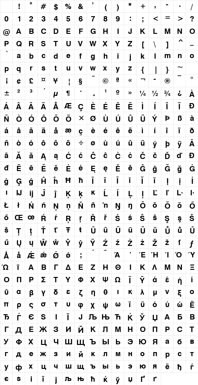 Swis721 WGL4 BT Bold Character Map Swis721 WGL4 BT Bold Character Map