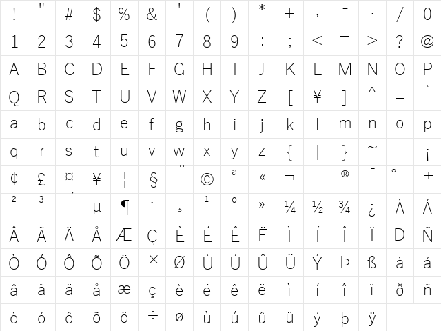 Yu Gothic Light Regular Character Map