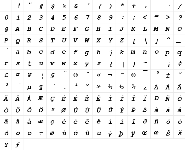 Courier New Bold Italic Character Map Courier New Bold Italic Character Map