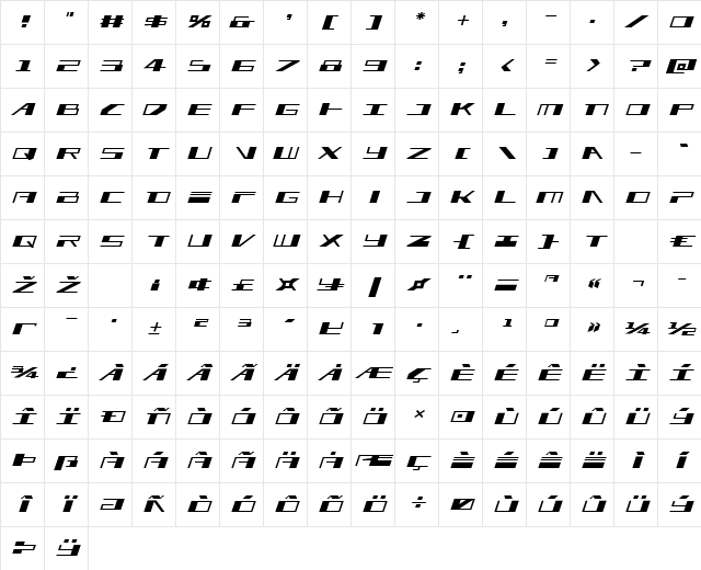 3AGLE Expanded Italic Regular Character Map
