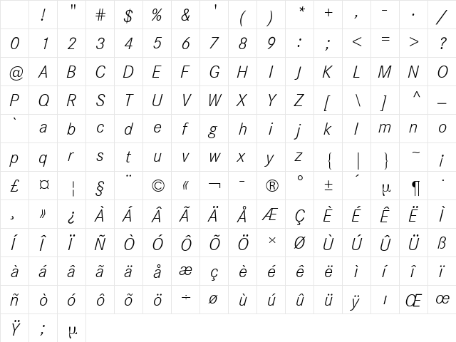 Corporate S BQ Light Italic Character Map Corporate S BQ Light Italic Character Map