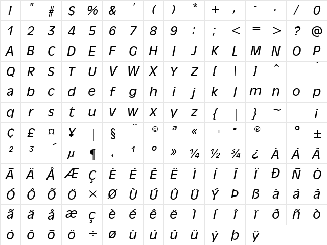 Antique Olive (W1) Italic Character Map