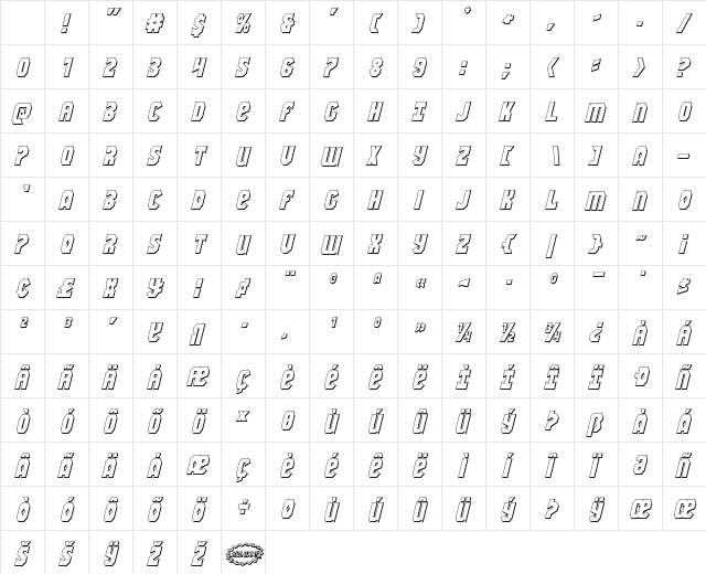 Warrior Nation 3D Italic Character Map Warrior Nation 3D Italic Character Map