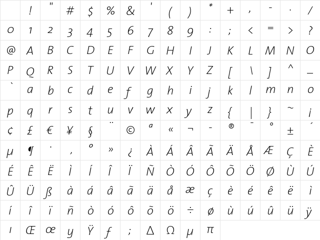 TheSans ExtraLight Italic Character Map TheSans ExtraLight Italic Character Map