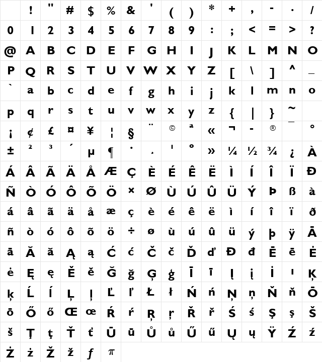 Gill Sans Bold Character Map