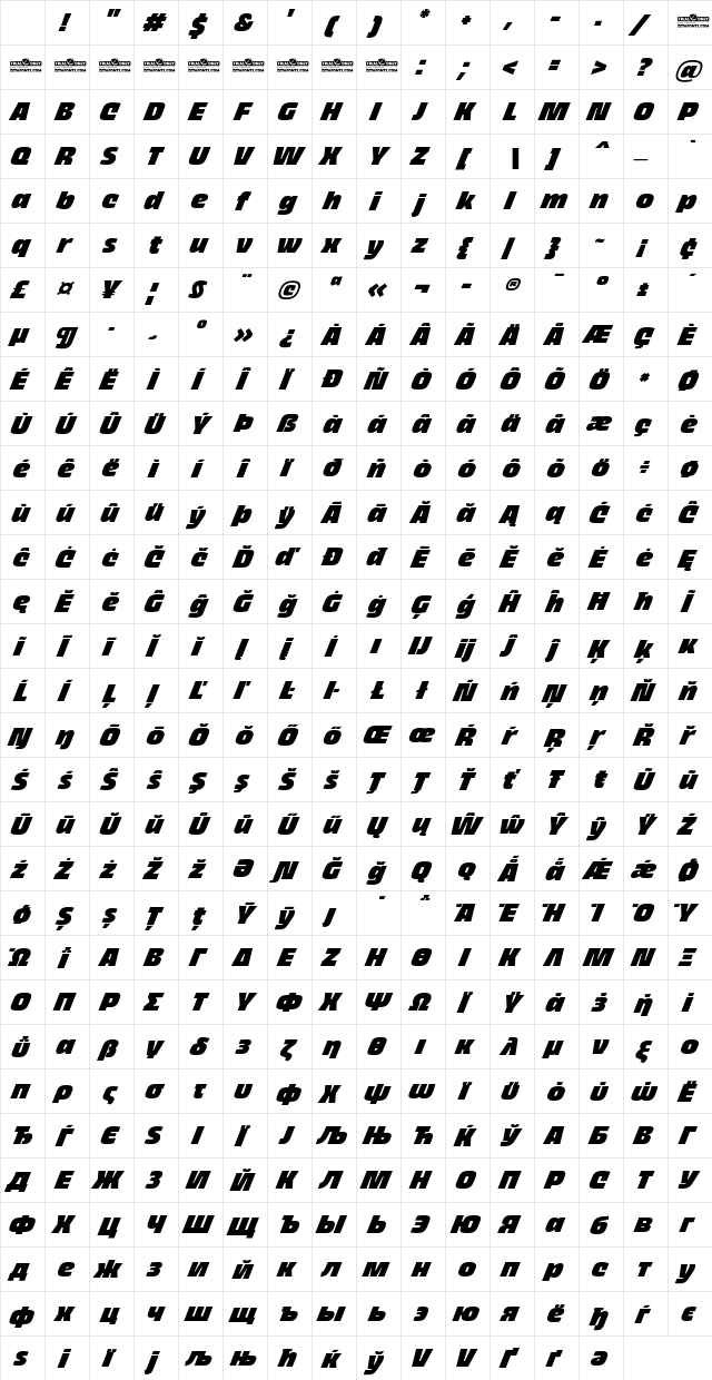 Thicker Trial Black Italic Character Map Thicker Trial Black Italic Character Map