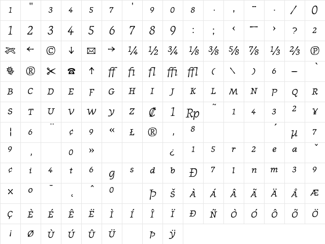JournalFractions RomanItalic Character Map