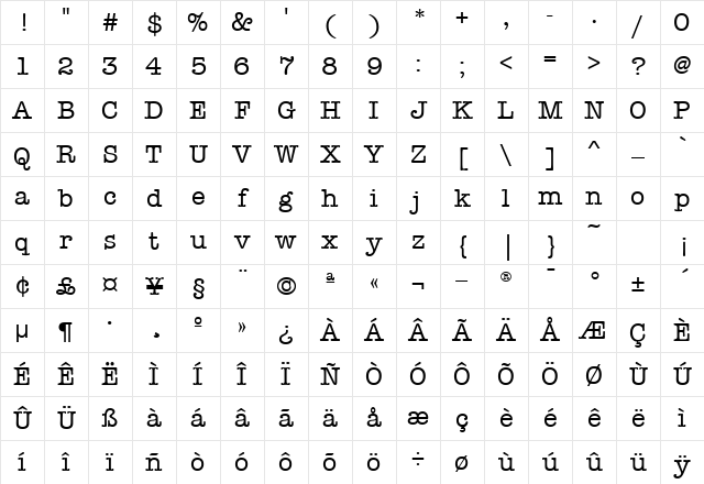 American Typewriter Regular Character Map