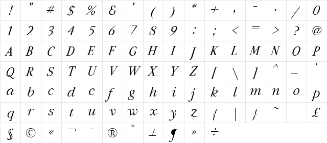 Artemius Light TT Regular Italic Character Map