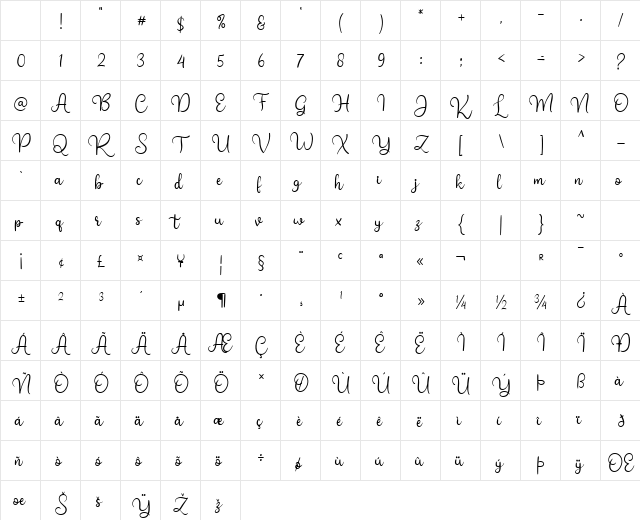 Bright Star Dafont Regular Character Map