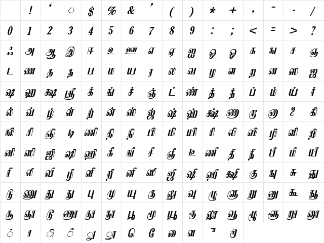 IdsTamil_TG_6_ Bold_Italic Character Map IdsTamil_TG_6_ Bold_Italic Character Map