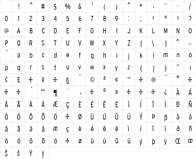 Interstate-LightCondensed Regular Character Map Interstate-LightCondensed Regular Character Map