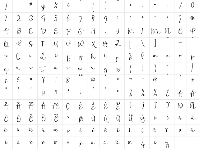Calliope Script Regular Character Map