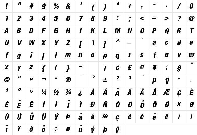 Helvetica Neue LT Pro 87 Heavy Condensed Oblique Character Map