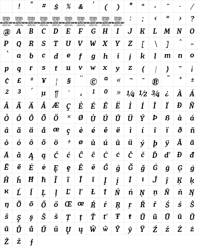 Isle Body PERSONAL USE Medium Italic Character Map Isle Body PERSONAL USE Medium Italic Character Map