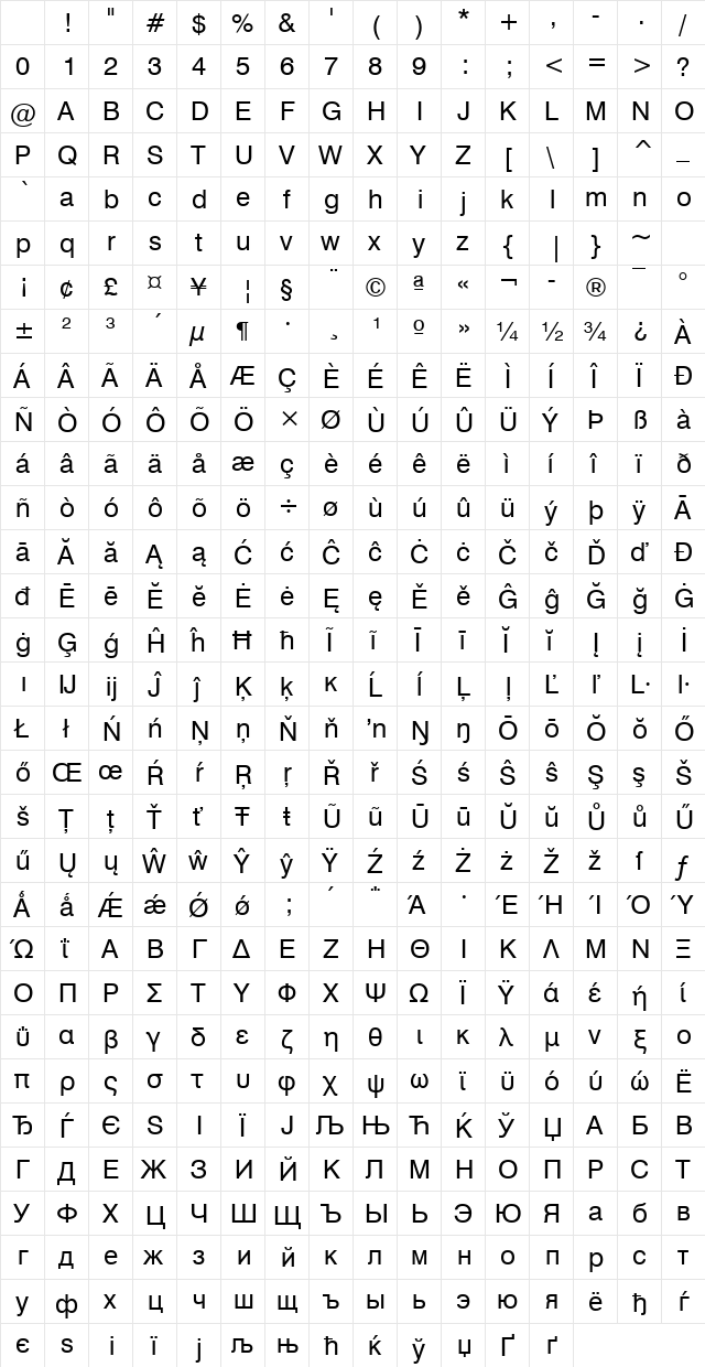 Swis721 WGL4 BT Roman Character Map Swis721 WGL4 BT Roman Character Map