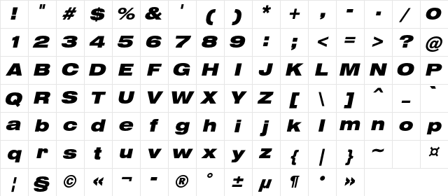 HeliosExtBlack Italic Character Map