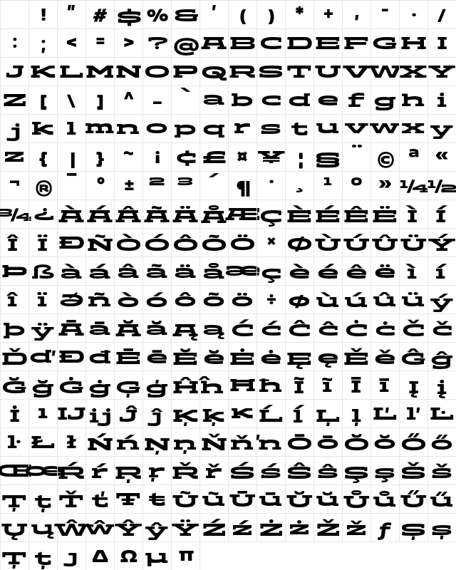 ADEROS TRIAL Black Wide Regular Character Map