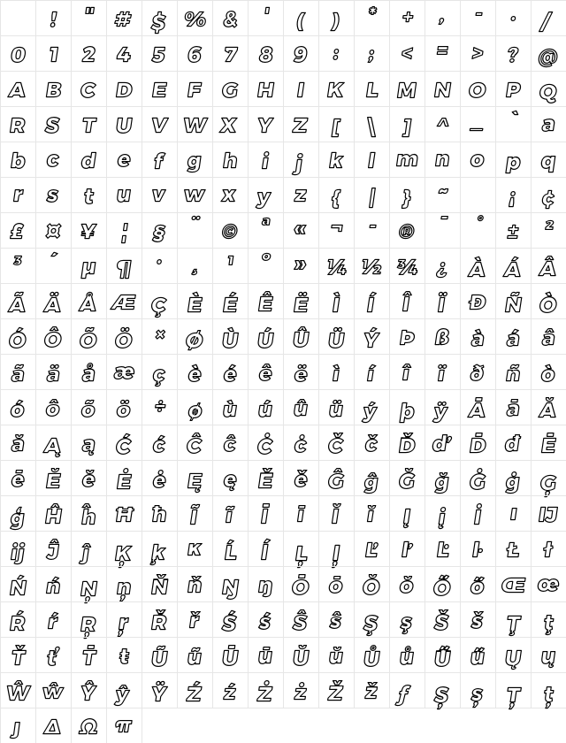 Trueno ExtraBold Outline Italic Character Map