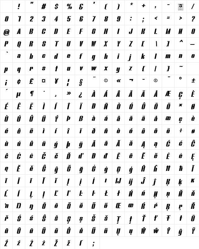 Bluefish STENCIL DEMO Italic Character Map