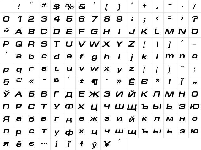 EuropeExtendedC Bold Italic Character Map EuropeExtendedC Bold Italic Character Map