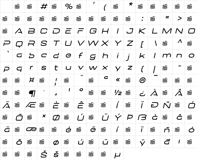 DOVENS Thin Slant Regular Character Map DOVENS Thin Slant Regular Character Map