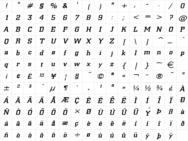 Geo957Wide Italic Character Map Geo957Wide Italic Character Map