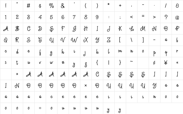Baby Sophia Regular Character Map