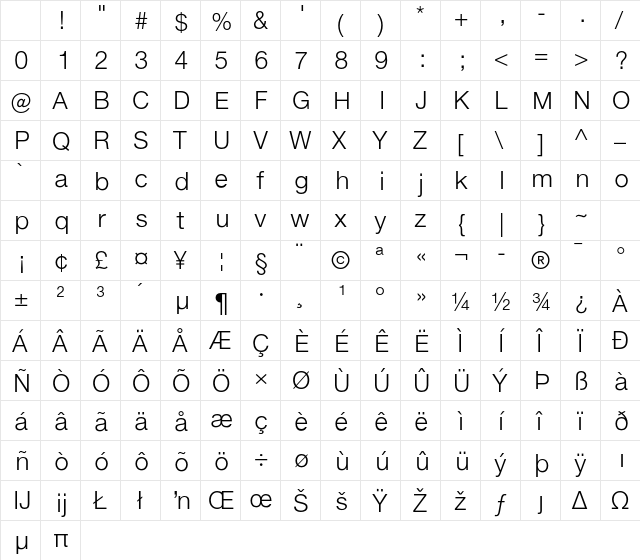 Helvetica Neue ET Std 45 Light Character Map Helvetica Neue ET Std 45 Light Character Map