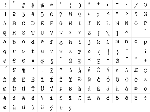 P22 Typewriter Regular Character Map